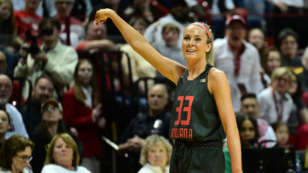  Indiana Hoosiers guard Sydney Parrish (33) reacts to making a shot during the second half against the Iowa Hawkeyes at Simon Skjodt Assembly Hall.